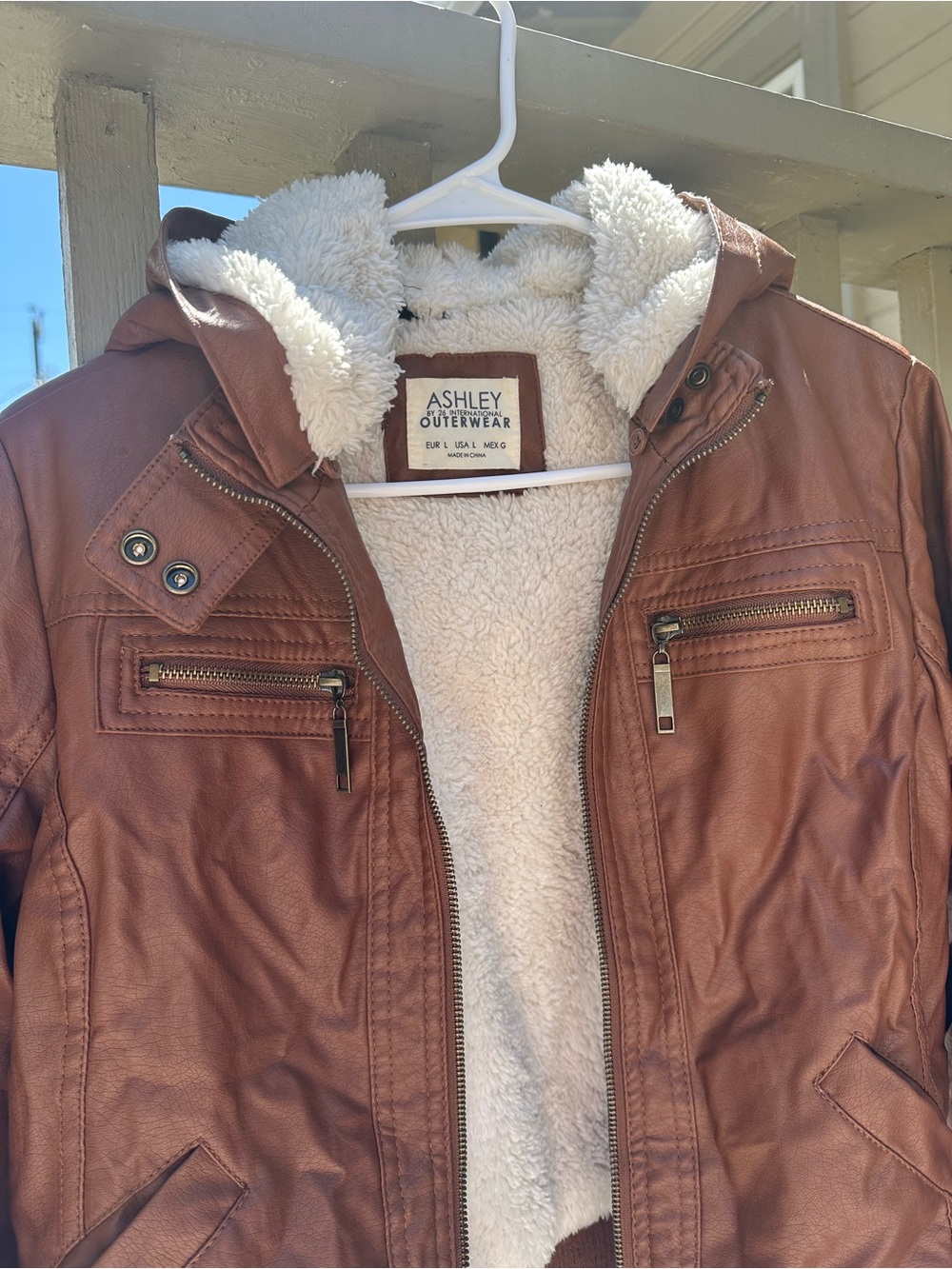Women’s Brown Faux Leather Hooded Jacket with Sherpa Lining - Picture 2 of 7